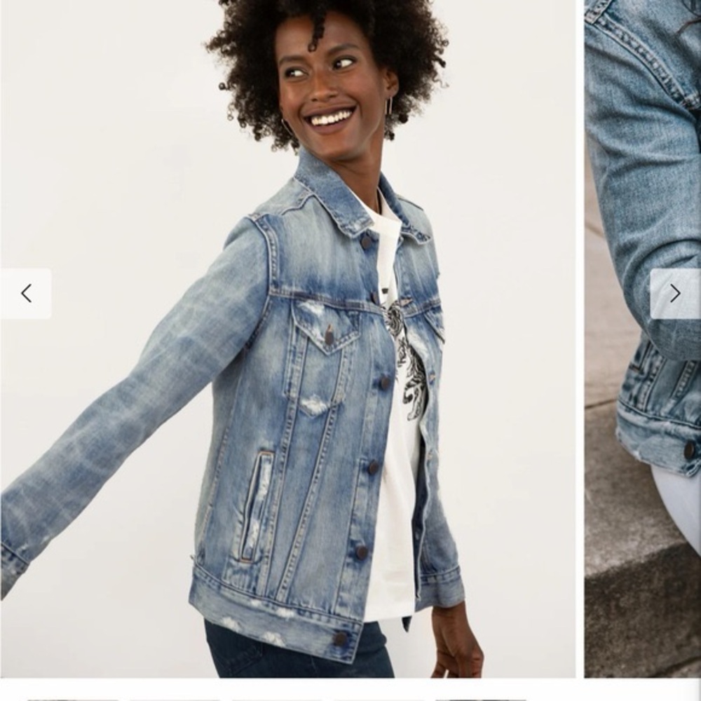 ABLE Women's Merly Denim Trucker Jacket Distressed Blue Closet Staple Sz Medium - Picture 2 of 14